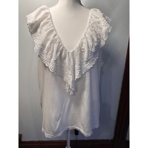 HM White Eyelet Ruffle V-Neck Tank Top XL Modal Cotton Lace Trim Sleeveless